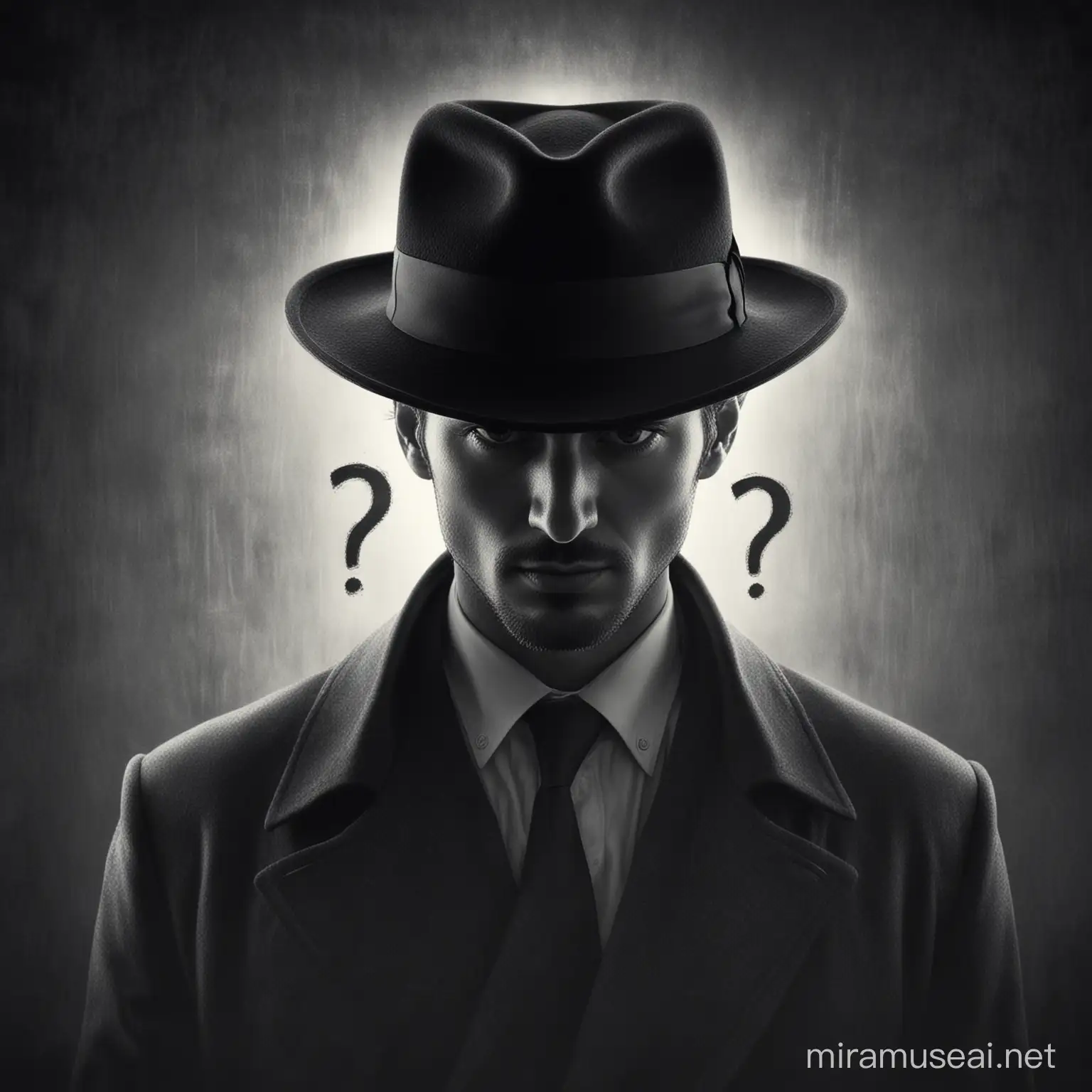 Mysterious Man in Long Coat and Fedora with Question Mark