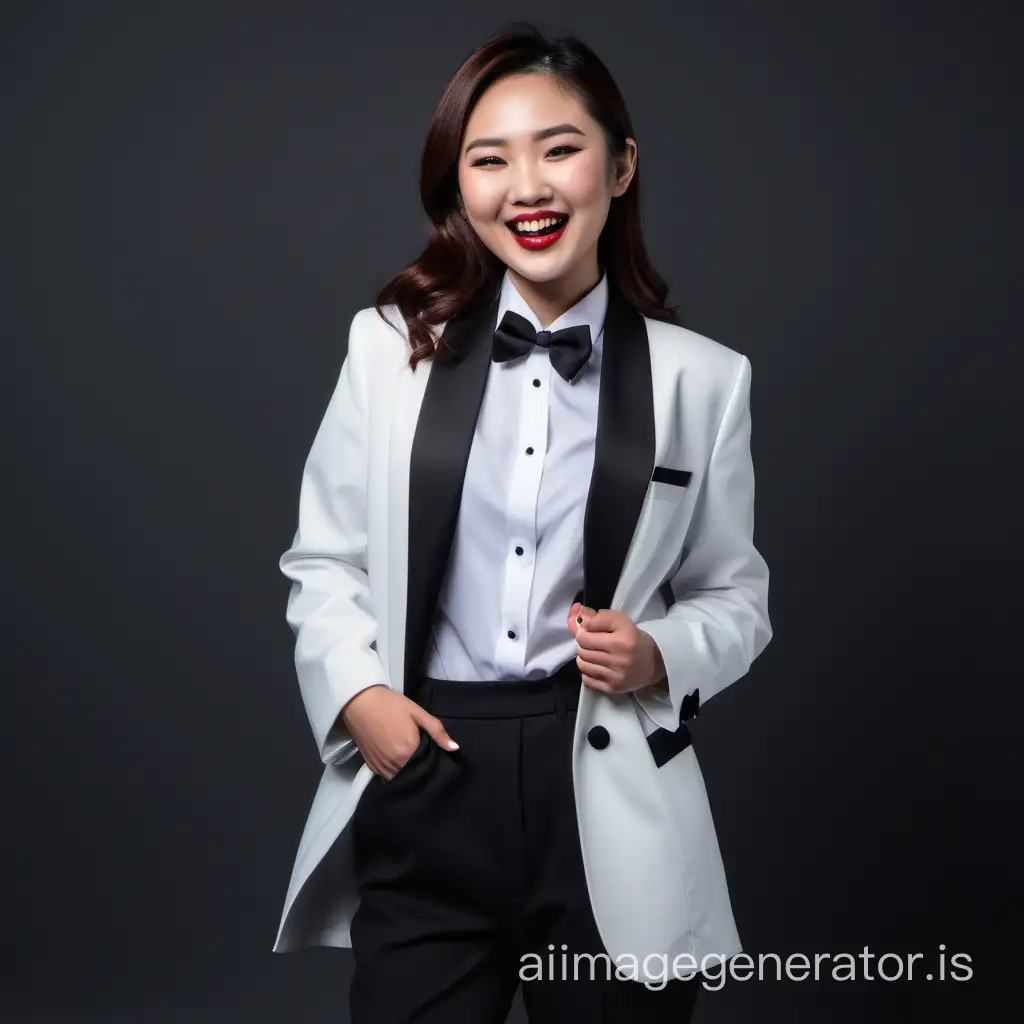 formal asian woman wearing a tuxedo, white shirt with black bowtie, lipstick, hands in pockets, open jacket, open coat, smiling and laughing
