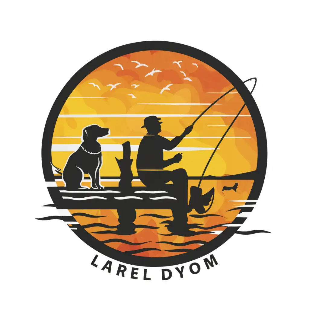 LOGO-Design-for-Life-Is-Good-Serene-Fisherman-and-Dog-Silhouette-with-Sunset-and-Jumping-Fish