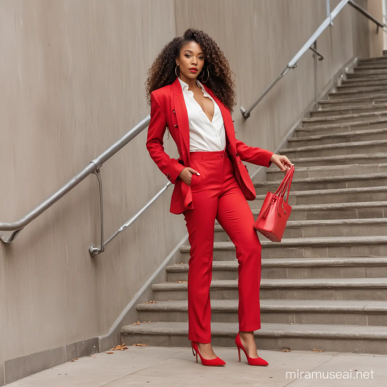 Beautiful Black woman in red high heels wearing a red pant suit and a jacket with long curly hair and holding a designer handbag walking up the stairs.