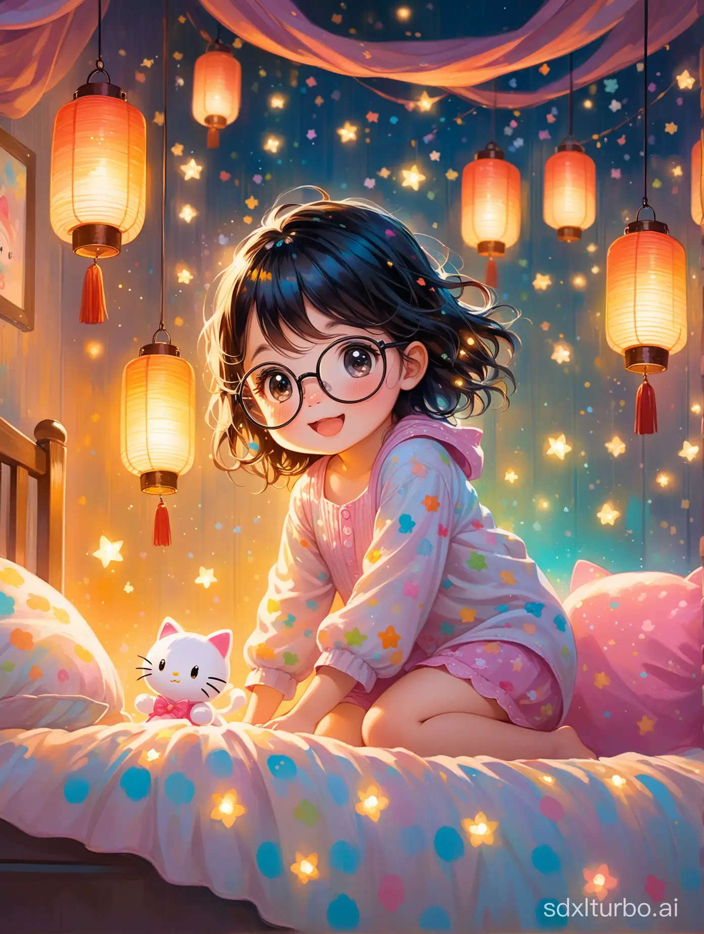 A whimsical, painterly fantasy oil painting of a toddler girl with crazy messy black hair and black glasses, giggling as she plays hide and seek with a small, friendly Hello Kitty under her bed, in a cozy bedroom adorned with magical floating lanterns. The room is filled with soft oil paint splatters, intuitive muted colors, and soft brush strokes, creating an adorable, inviting scene. Enchanting, playful atmosphere, fantasy companions, magical glow, dreamlike quality.