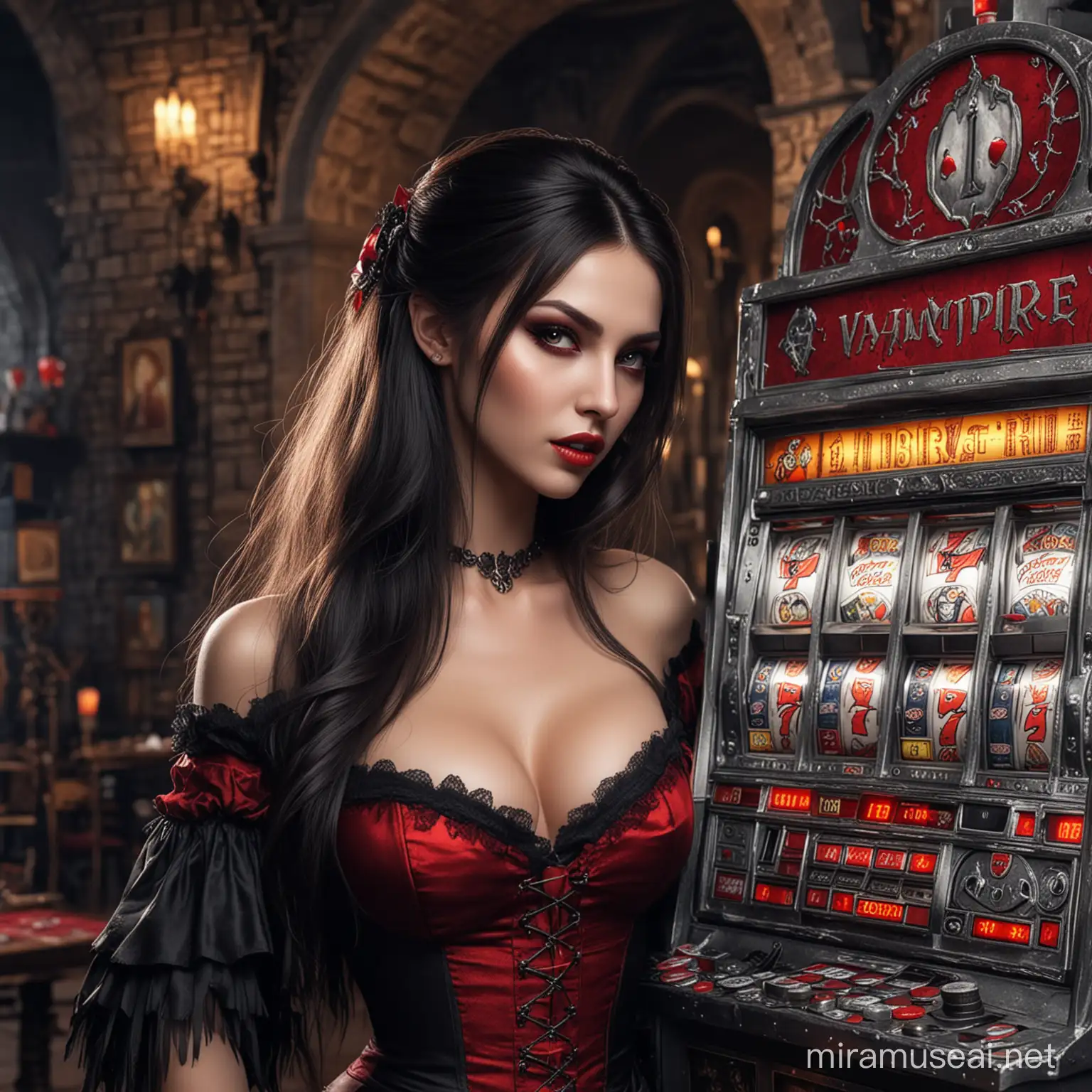 Vampire Beauty Surrounded by Slot Machines and Coins in a Castle