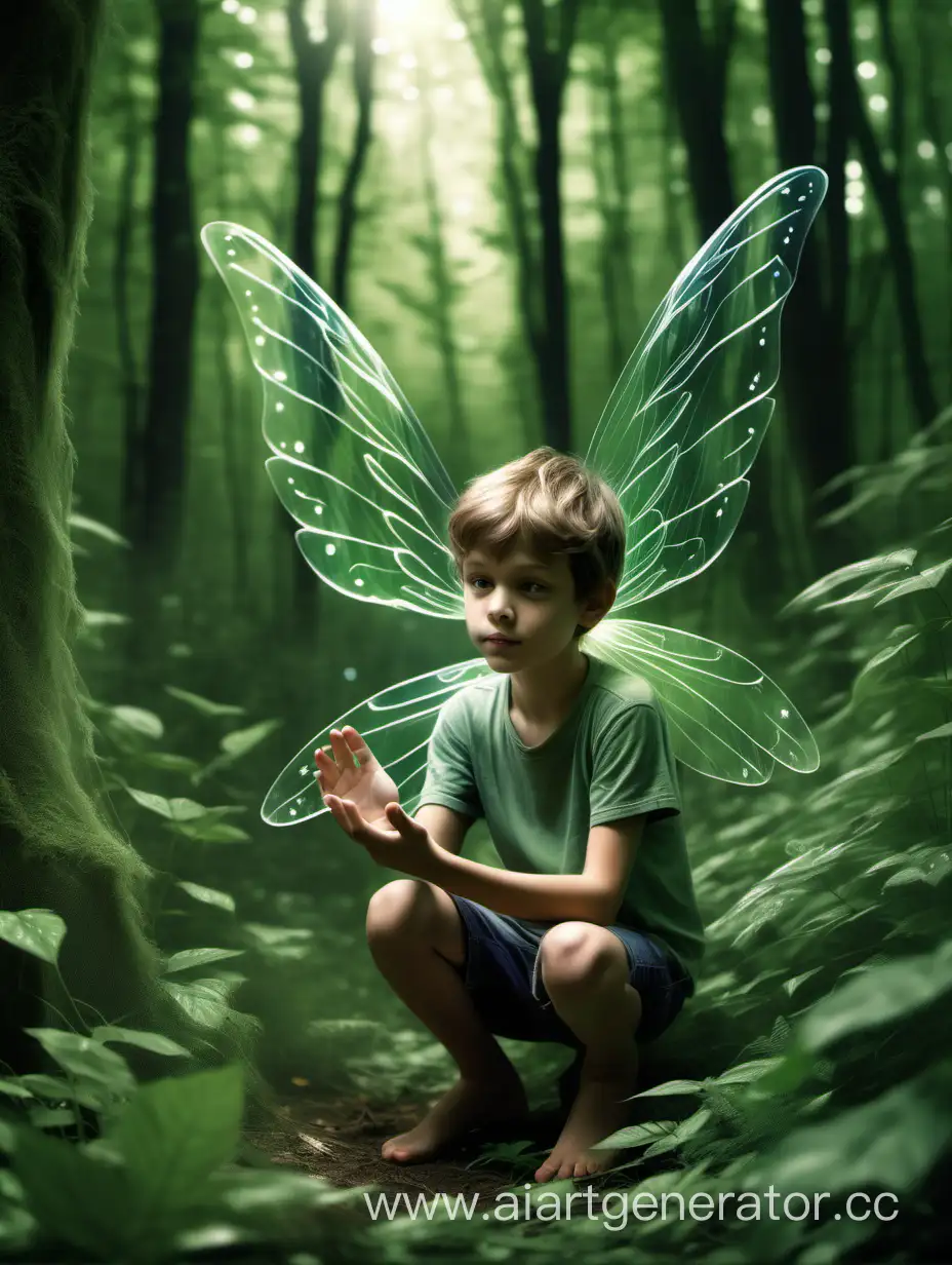 в густом зеленом лесу на руке мальчика сидит фея с прозрачными крылышками