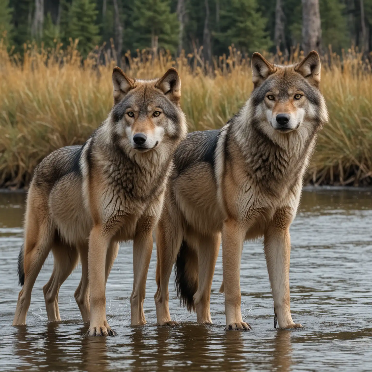 Wild River Portrait Seductive Squaw with Two Wolves