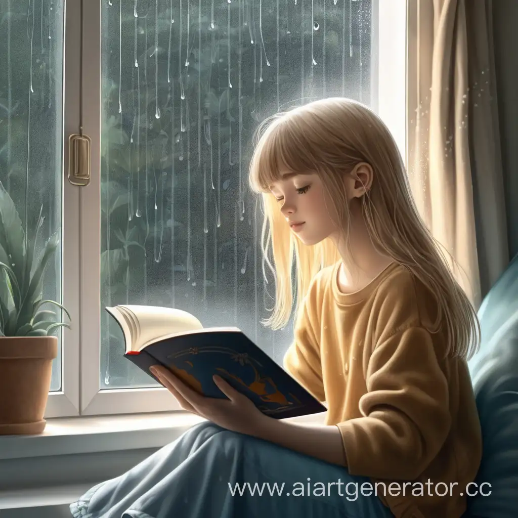 девушка со светлыми волосами, читает книгу у окна, а за окном дождь