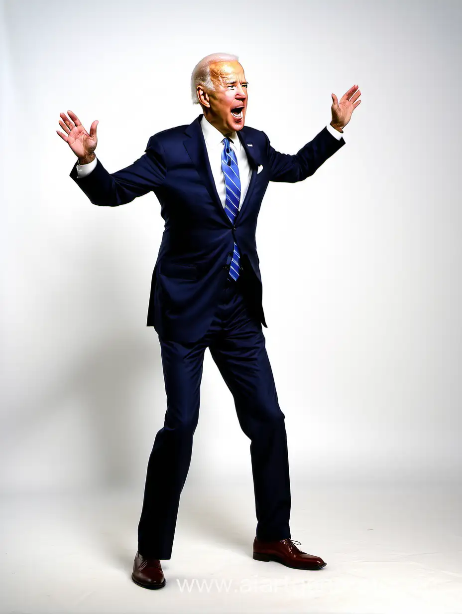 digital camera quality photo, white back drop , joe biden  screaming ,full body profile eyes closed, hands at his side, wide