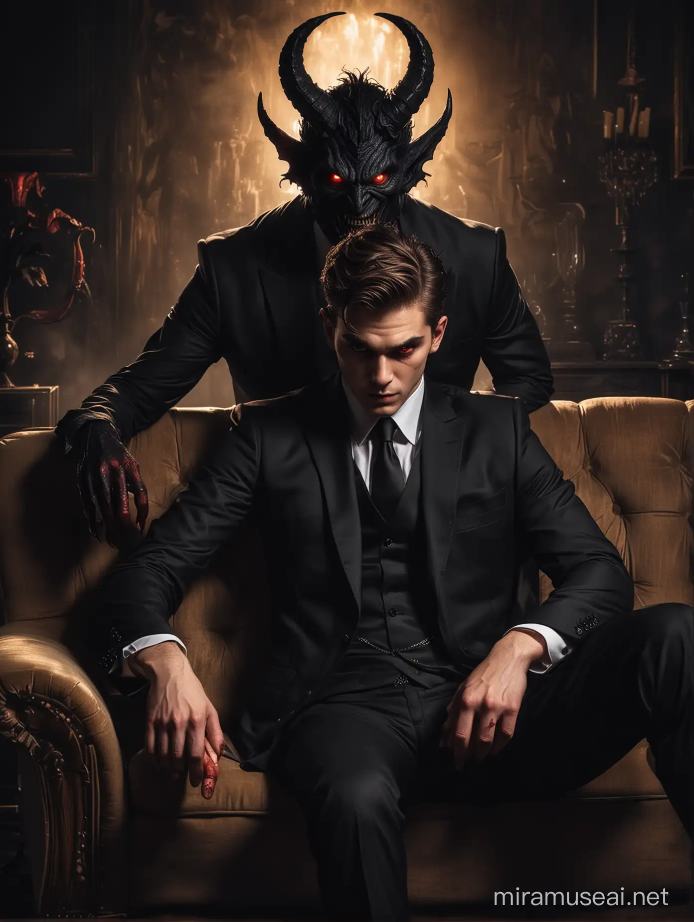 Mysterious Encounter Young Man and Sinister Demon in Dark Setting