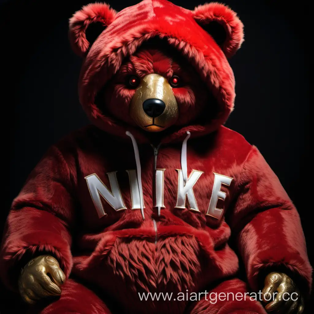 


Scary, terrifying, ultra realistic, extremely detailed, 7 foot tall red teddy bear, detailed red bear fur, bright all white eyes, wearing an expensive high Nike black hoodie with gold stitching,  looking at viewer