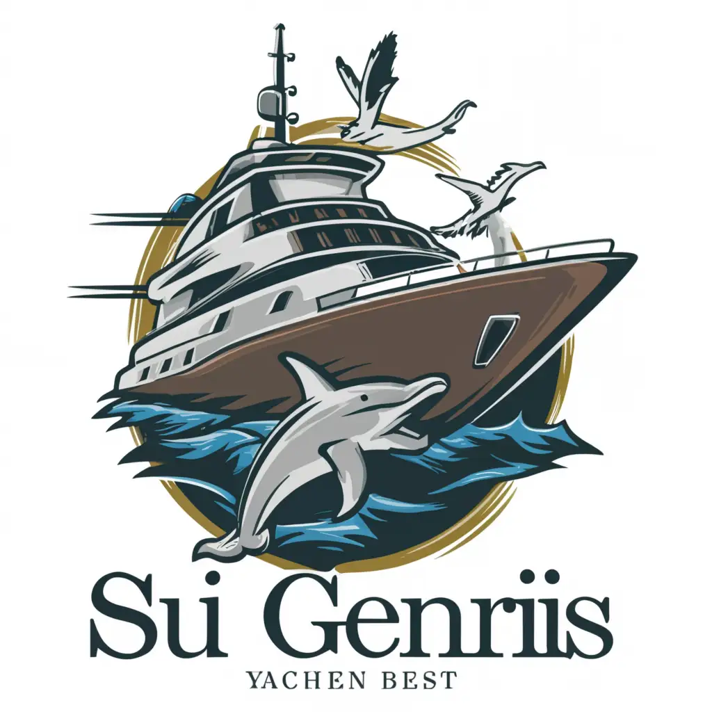 a logo design, with the text 'SUI GENERIS', main symbol: yacht, globe, seagull, compass, dolphin, moderate, clear background. The requirement is to design a brand name and logo in different variations to be placed in numerous locations both inside and outside the yacht. The design will be produced in different materials and use different surfaces as background: metal, wood, mosaic, leather. The basic colors of the yacht are blue, grey and white. The owner would like the brand to be balanced with emphasis being on simple luxury. Therefore the script/fonts should be creative but not excessively complex. Abstract ideas are welcome in particular relating to his concept of combining symbols of dolphin/bird/globe/compass in the logo. It would be ideal if the logo is readable as central letter ‘e’ of the name Gen(e)ris and located in its place. The preferred bird to be used in logo is Seagull. The dolphin should be seen jumping out of the water. The compass should be located around the globe. If applied to the provided transom photo of the yacht the background colour should be dark blue. The outside name/logo presentation should be RGB or backlit stainless steel,make a professional and on base of about instruction