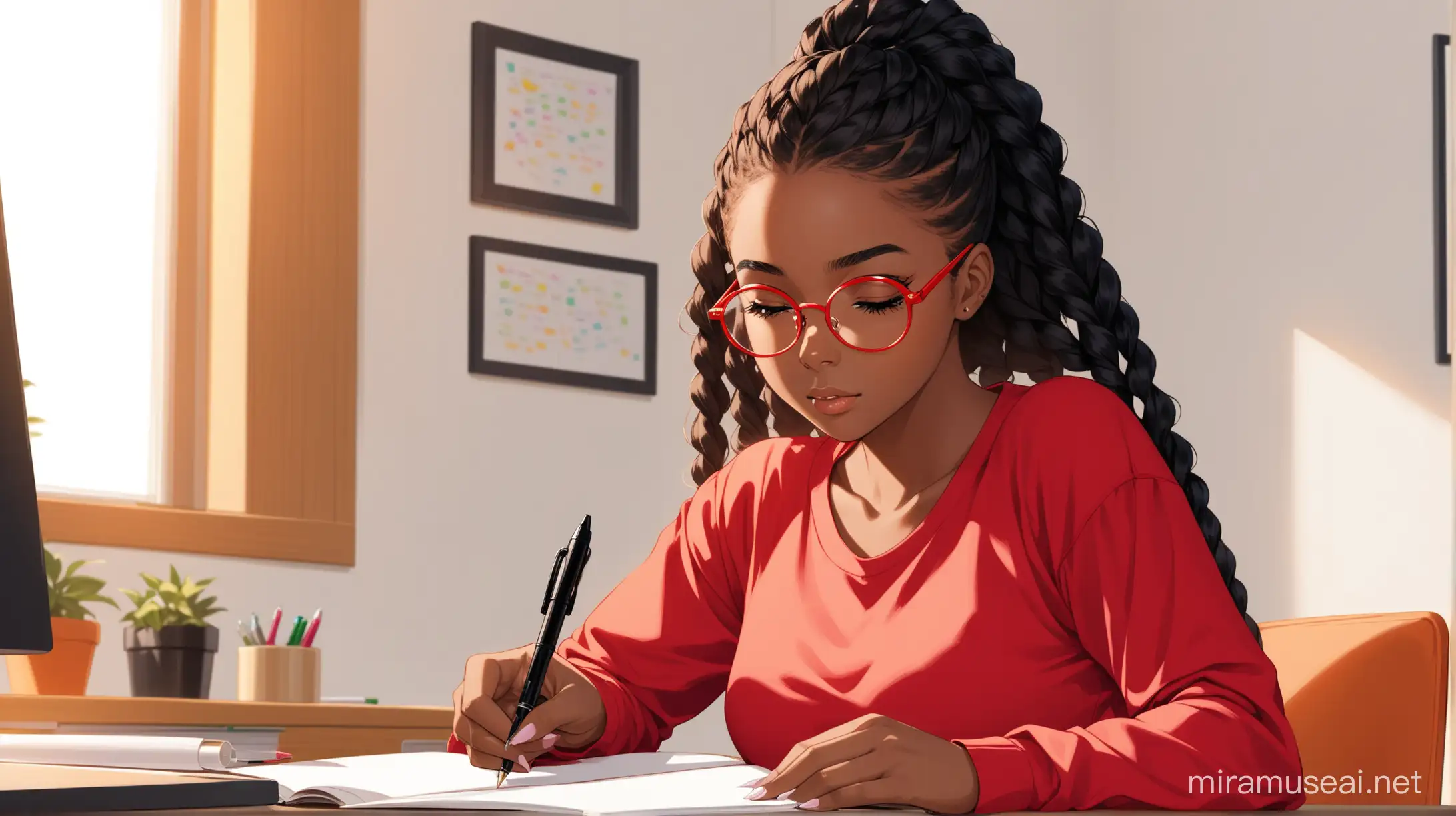 a 21-year-old black woman, who has passion twists in her hair, wearing a pair of red-shaped eyeglasses, she is writing with a pen in her right hand in one notebook in her home office