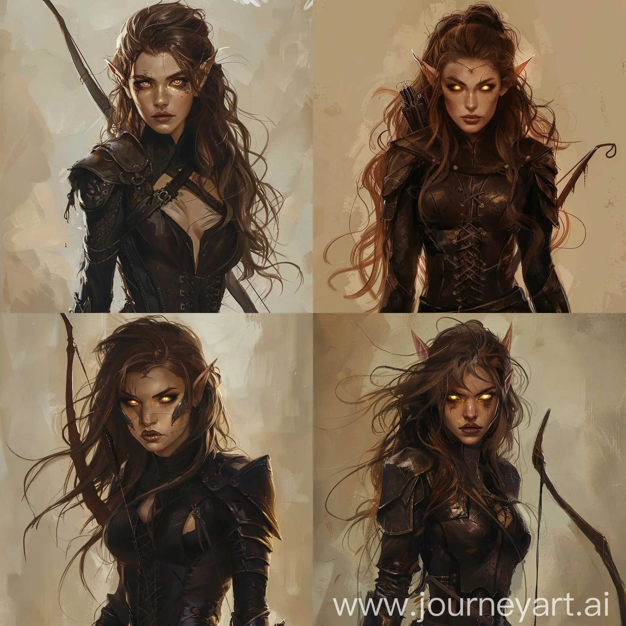 Character concept art. Full body. Wood elf woman, Brown long hair, messy hairstyle, light gold eyes color, glow eyes effect, dark lips, sadistic gaze, arrogant face, black light leather armor, Longbow. Image is sinister and in light brown tones