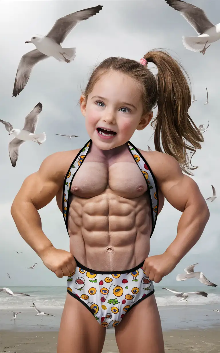 7 years old girl, very muscular abs,  weird bathingsuit