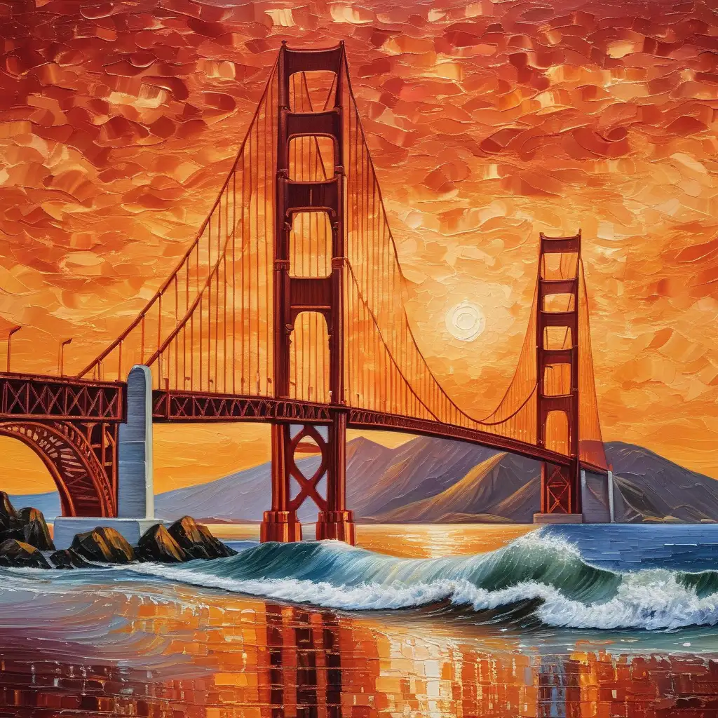 用油画的手法，梵高的风格，画一副夕阳中的金门大桥，以红色调为主


