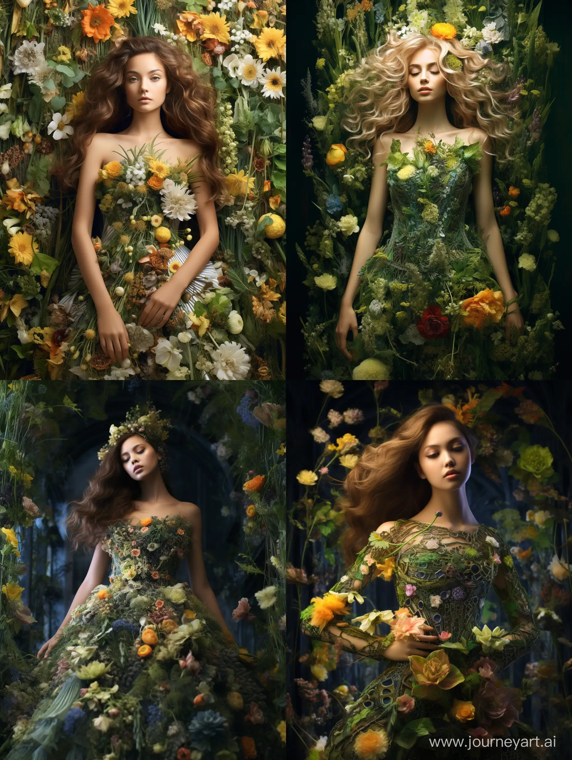 красивая девушка в платье из растений, цветов, гипердетализация, яркий свет