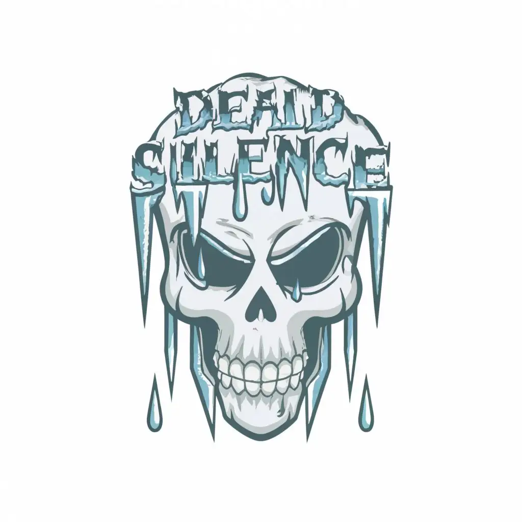 logo, a frozen skull with ice falling out of the scary eyes white background, with the text "dead silence", typography