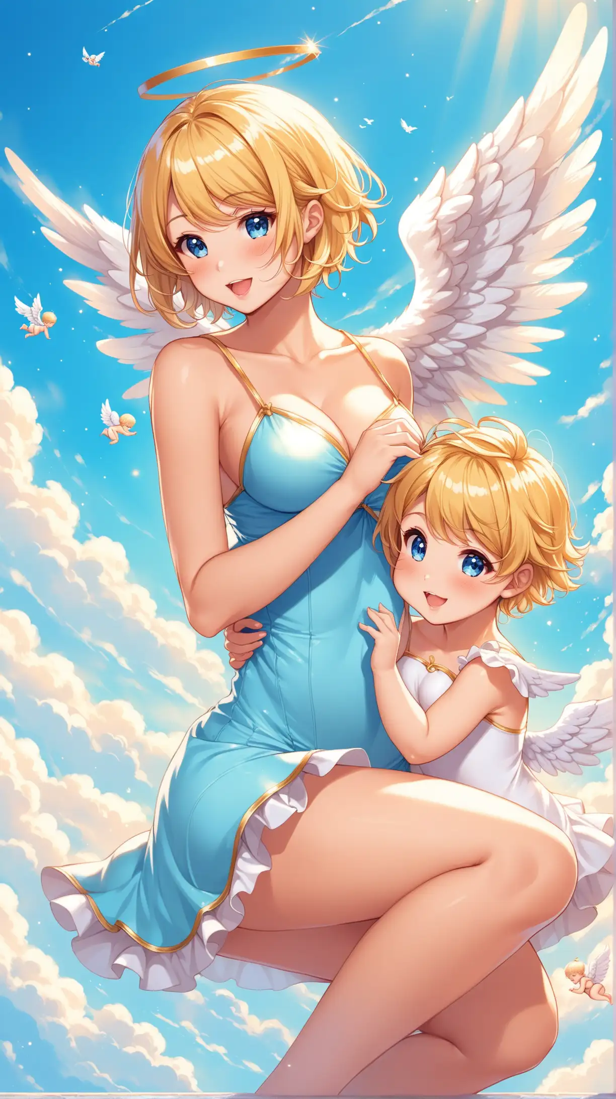 Sexy women  playing with little cupid, angel costume, playful, blond short hair, light blue short sexy dress, fantastic background .