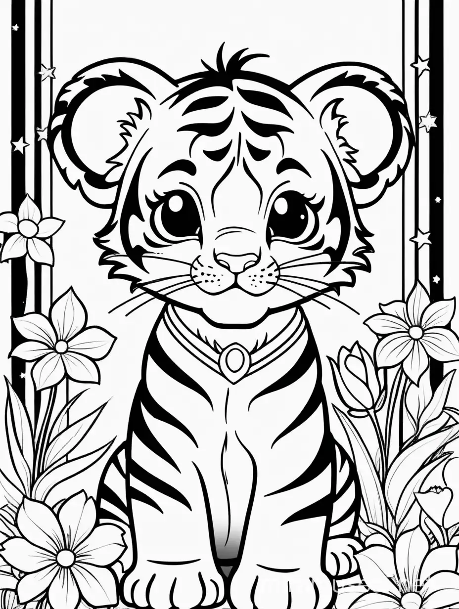 Adorable Baby Tiger Holding Flower Coloring Page with Stars and Stripes Background