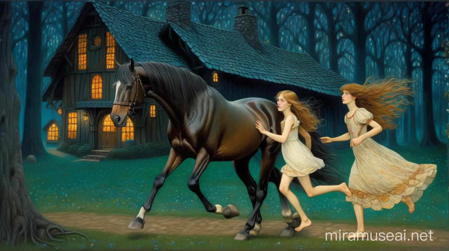 A large horse and a very young Caucasian  woman running through a dark enchanted forest with a cottage in the background corpse beautiful dress petite art  long hair surrealism horror scary art nouveau Klimt barefoot fairytale colorful and simple romantic  "Cottage Core"




