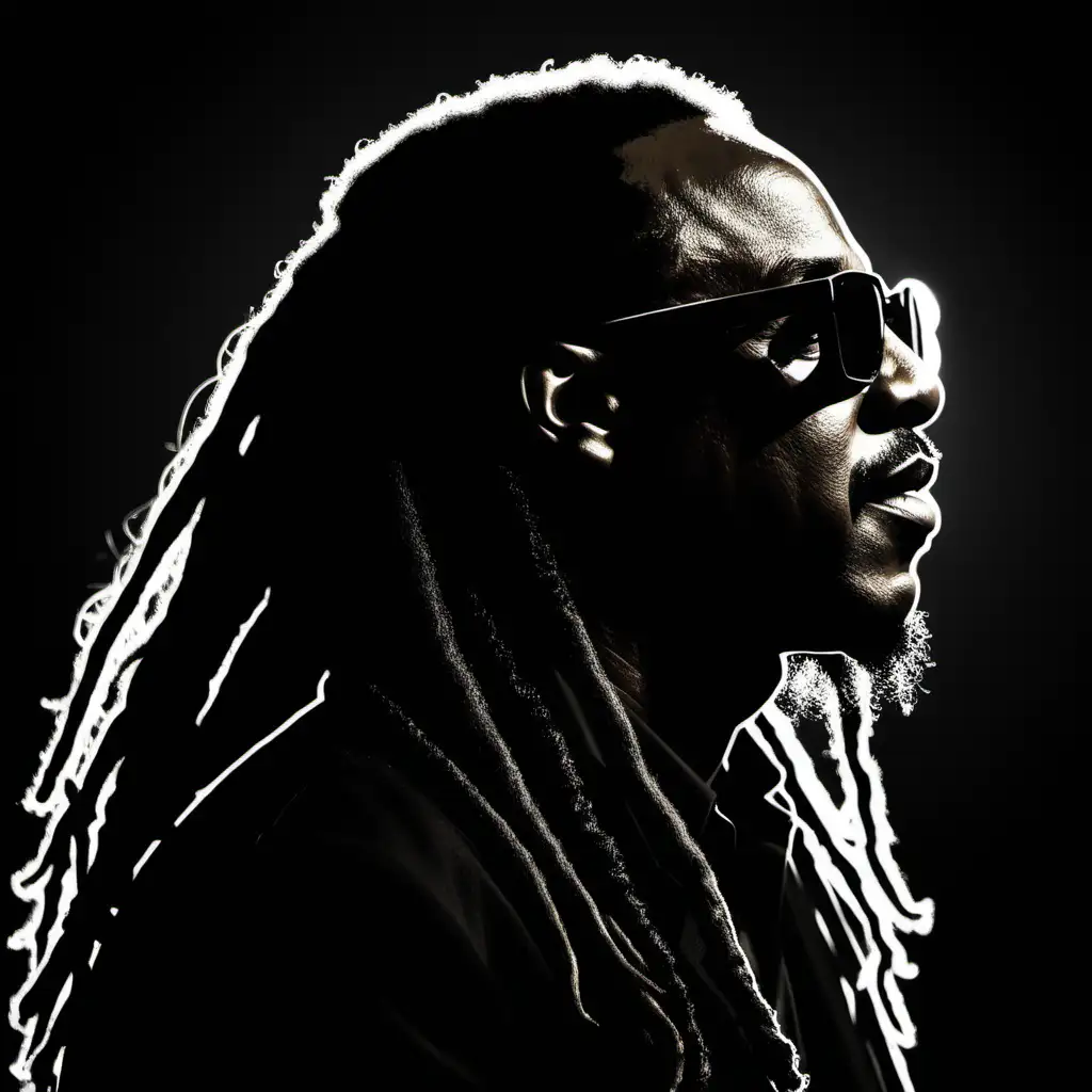 Stevie wonder with long dreadlocks and glasses in silhouette