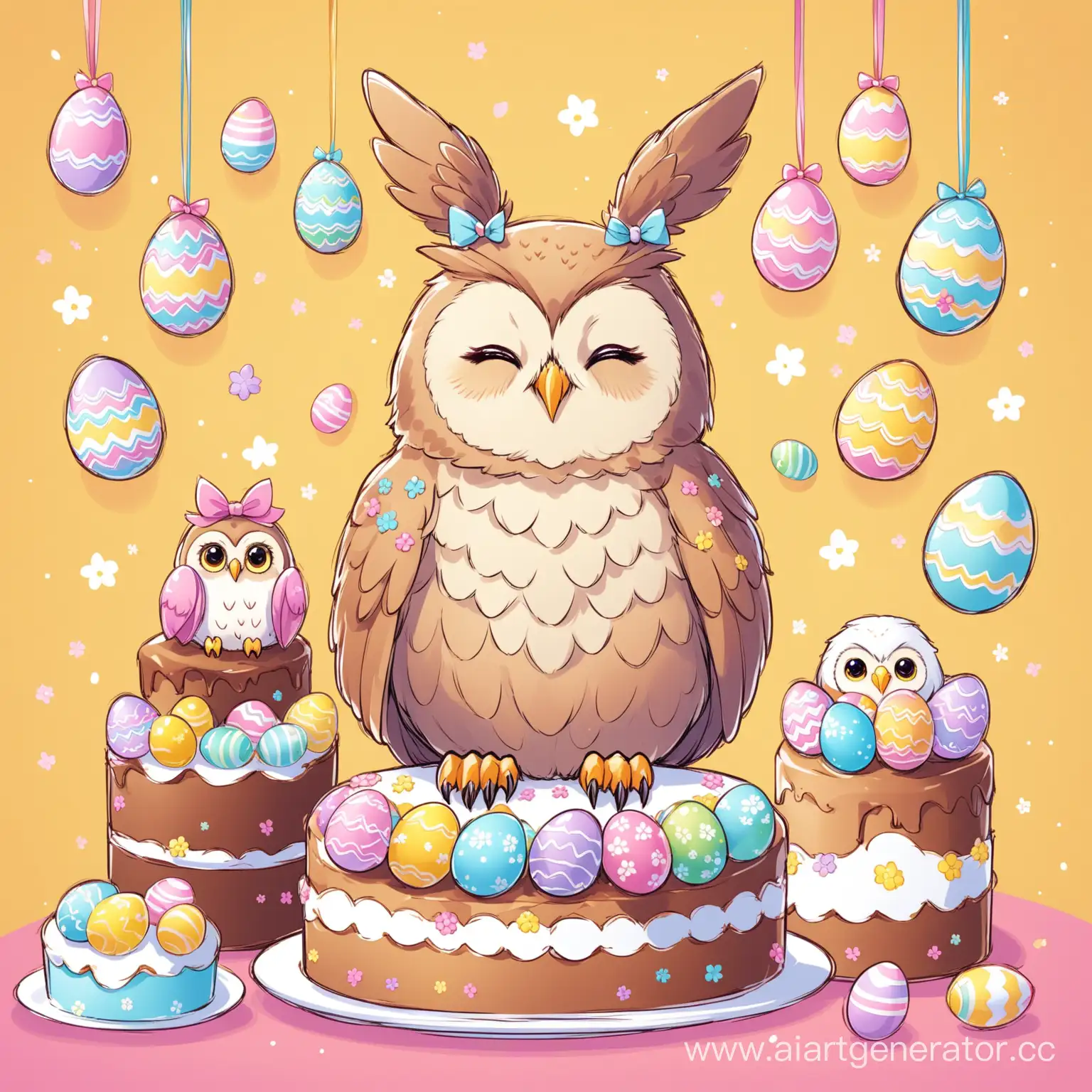 Joyful-OwlPerson-Celebrating-Easter-with-Cakes-and-Eggs