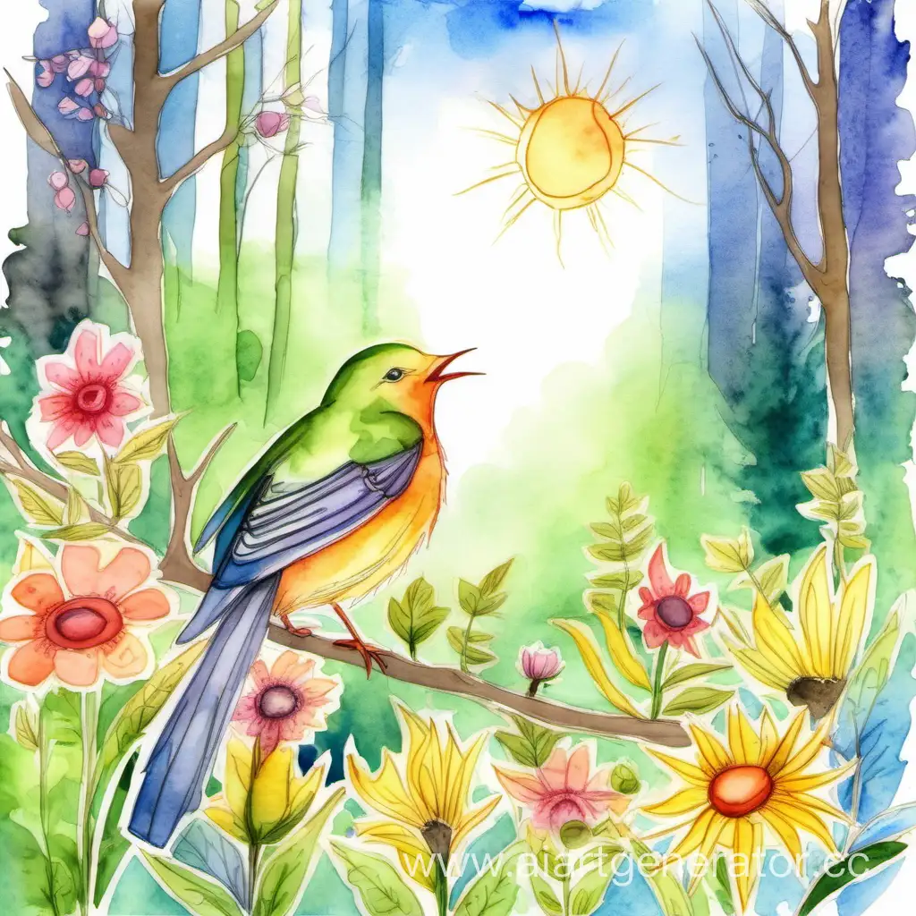 певчая птица, лес, весна, цветы, солнце, акварельный рисунок