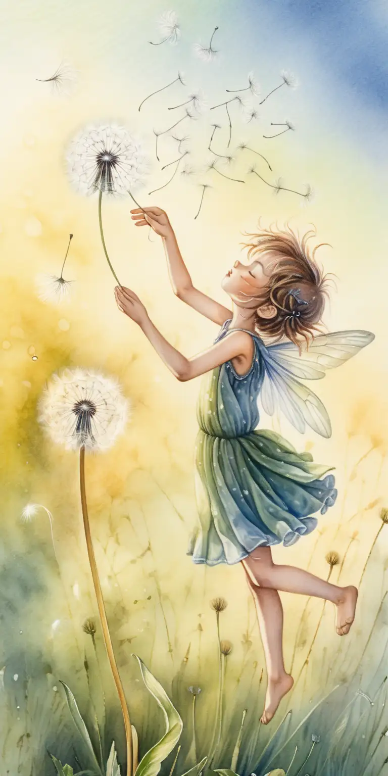 Enchanting Fairy Soaring with Dandelion Seed in Morning Sunlight