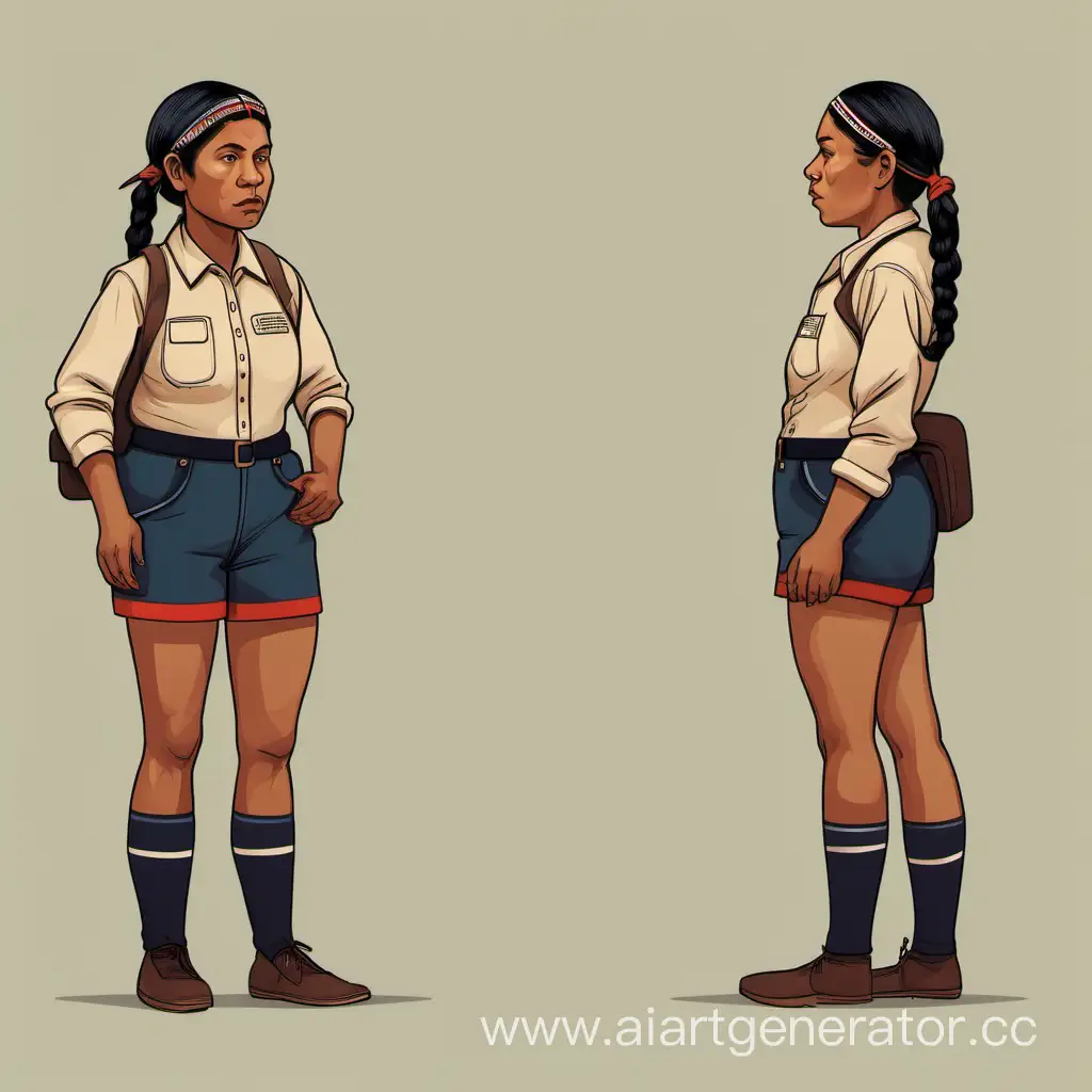 Indigenous-Mailwoman-in-Shorts-and-Long-Sleeves-with-Pigtails