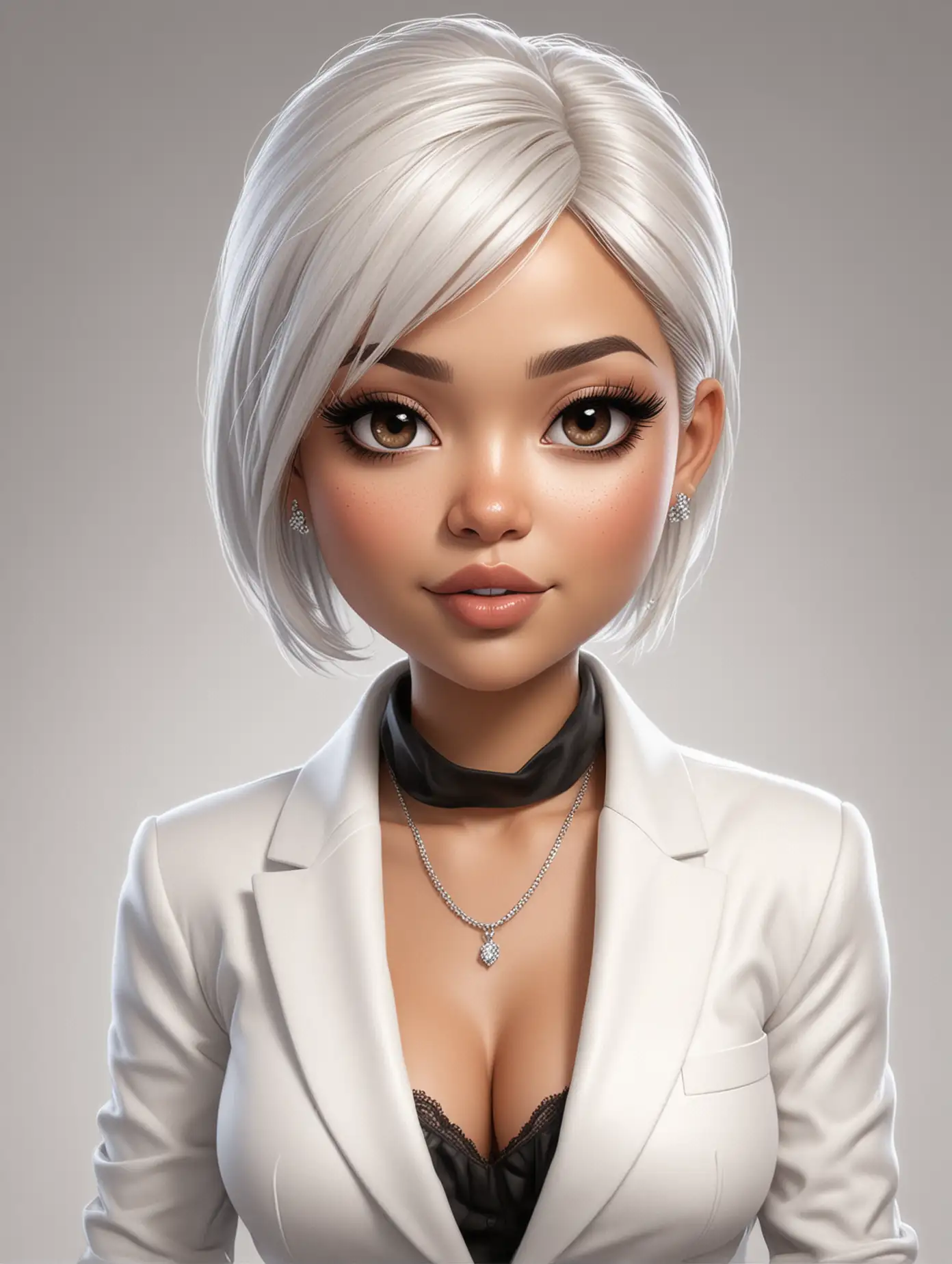 Black and white realistic illustration of a beautiful grown-up latina woman, chibi style, with white skin, white straight short bob hair with a fringe, big almond eyes, pointy chin, wearing a whit professional business woman outfit, jewelry, white background, her hair is up in a bun, her hands are behind her back, she wears a blazer over her lace bra, high heels, purse
