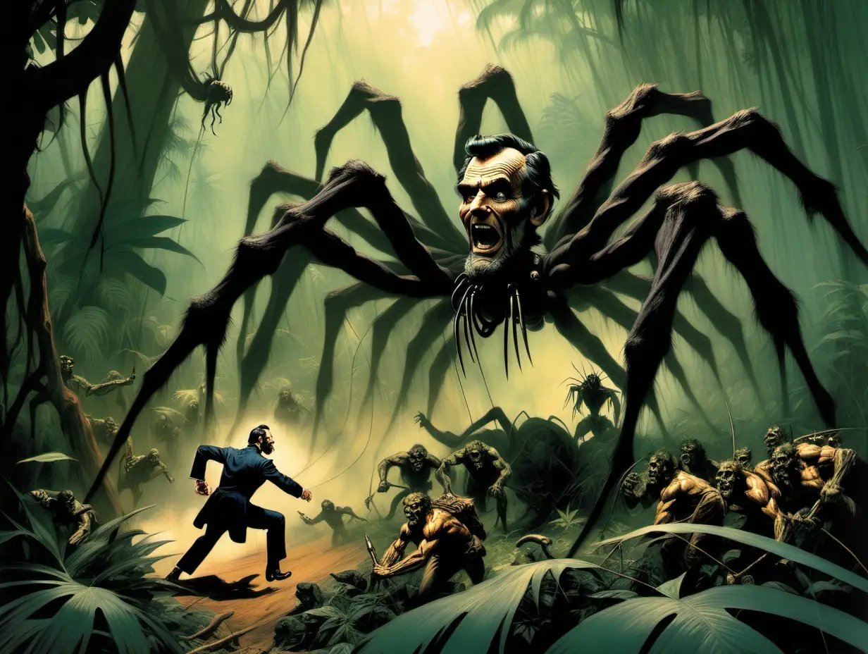 Abraham Lincoln riding a giant spider in a jungle chased by ogres  Frank Frazetta style