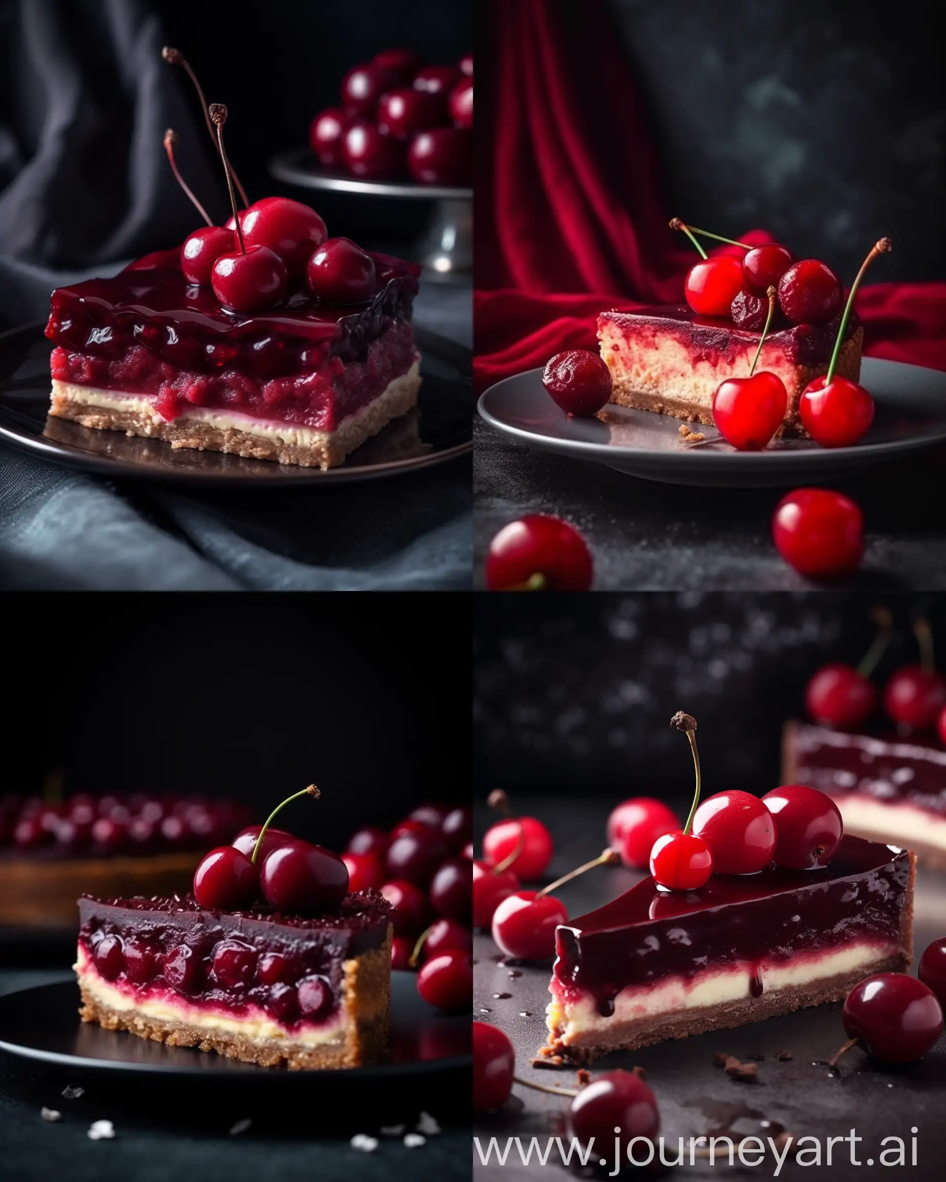 Appetizing slice of cherry cheesecake, professional photography and light, close-up --ar 4:5 --v 5 --q 2

