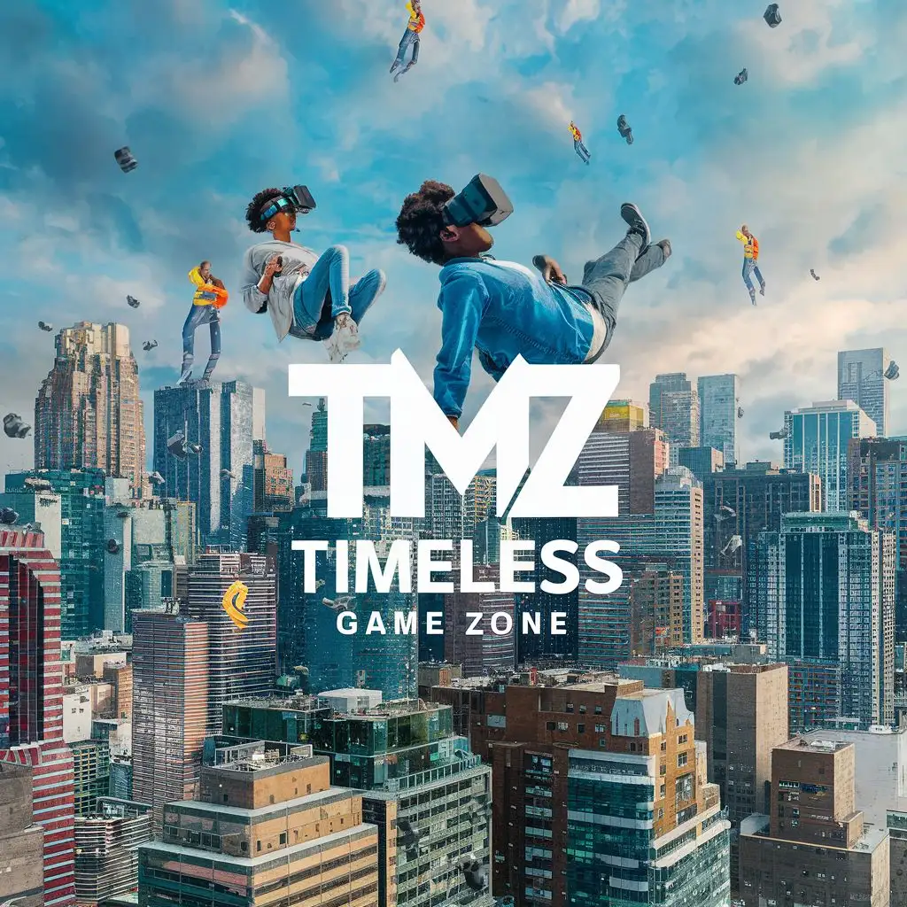 logo, Young Africans with Virtual reality headset falling from sky scrapers. Colourful, realistic and vivid image, with the text "TIMELESS GAME ZONE,  acronymn TMZ", typography