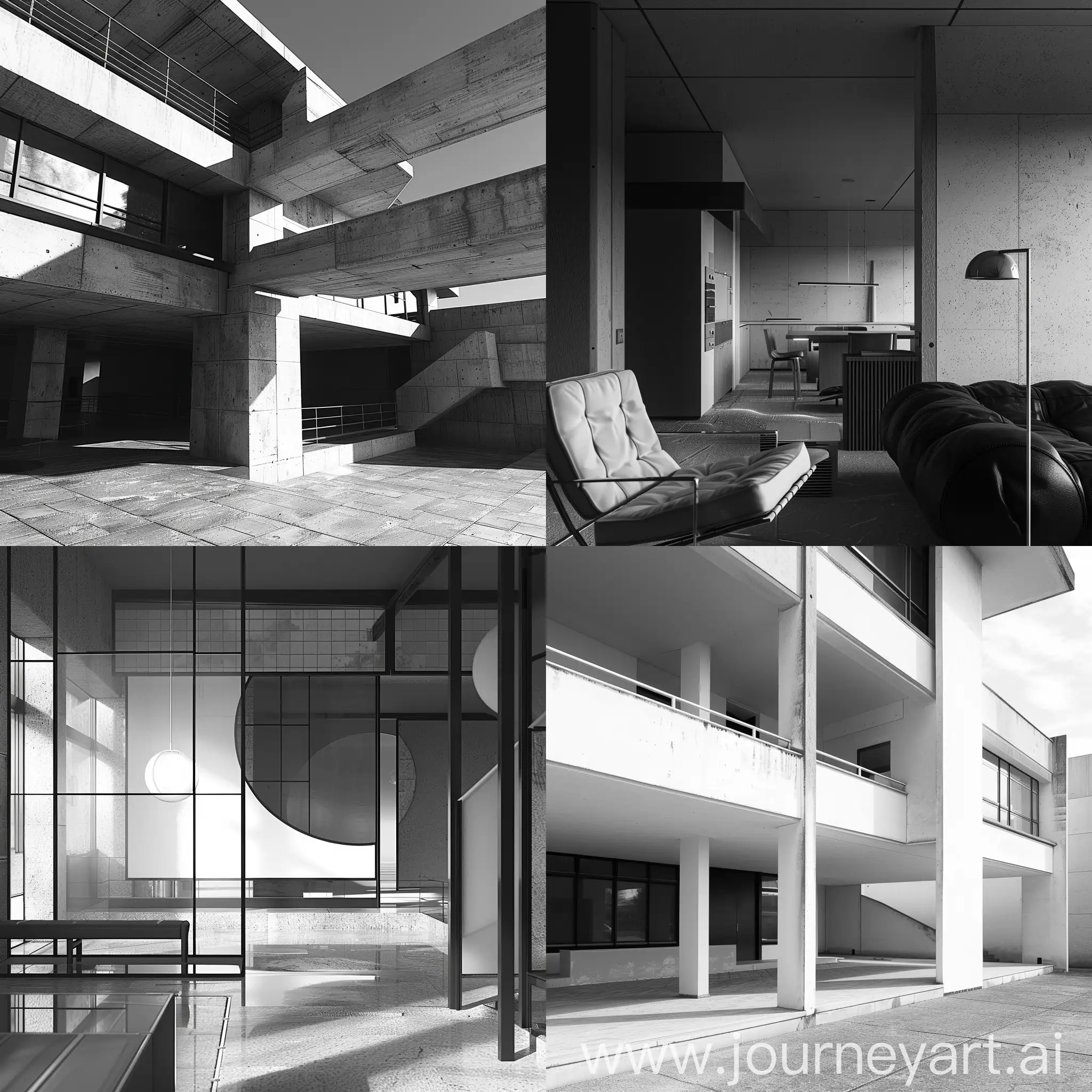 Create a photorealistic Le Corbusier image. Please use black and white portrait format. 4k quality. Hyper-detailed. 35mm footage