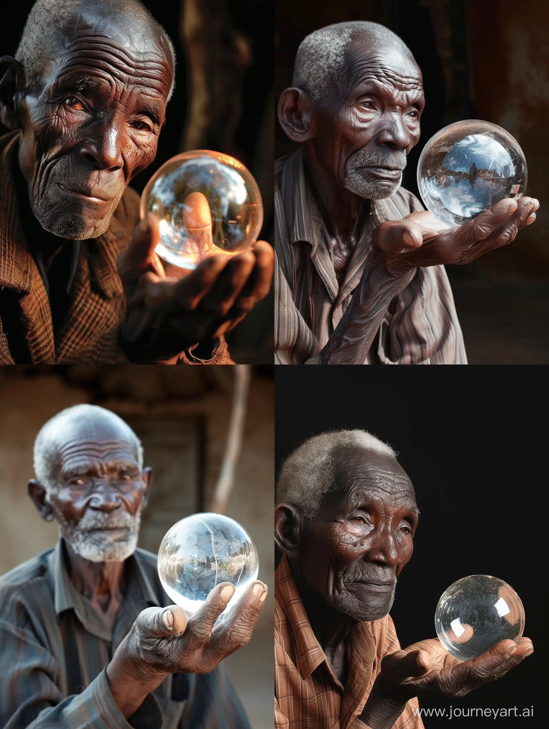 Old african man holding a clear and reflective sphere on his hand. 