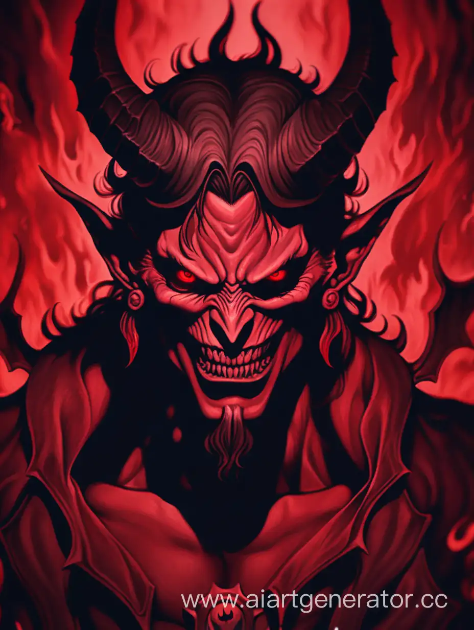 Злой сатана из аниме выходит из ада в красных и чёрных тонах