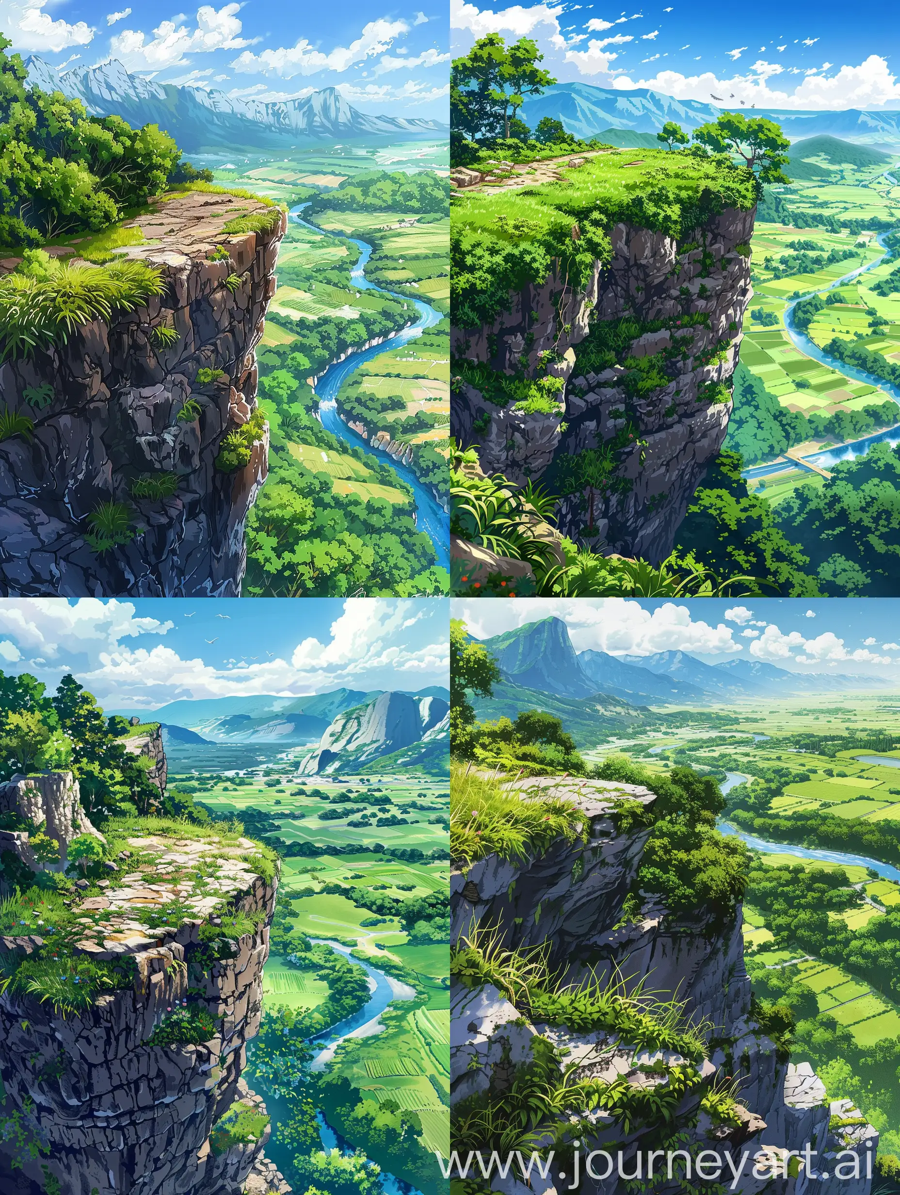 Studio Ghibli anime style, niji, vibrant and colorful painting, with soft lines and realistic details.  The image should convey a feeling of peace, harmony and natural beauty.  The contrast between warm and cold colors should be balanced and pleasing to the eye.  Create an image of a stunning natural landscape seen from the top of a rocky cliff covered in grass and vegetation.  The cliff overlooks a lush green valley, where a winding river flows through fields and trees.  The mountains in the background are partially obscured by clouds, adding depth to the scene.  The sky is clear, with scattered white clouds, indicating a pleasant, sunny day.  The sunlight illuminates the valley, the trees, the green fields and the blue waters of the river, giving the image a peaceful and serene atmosphere.
