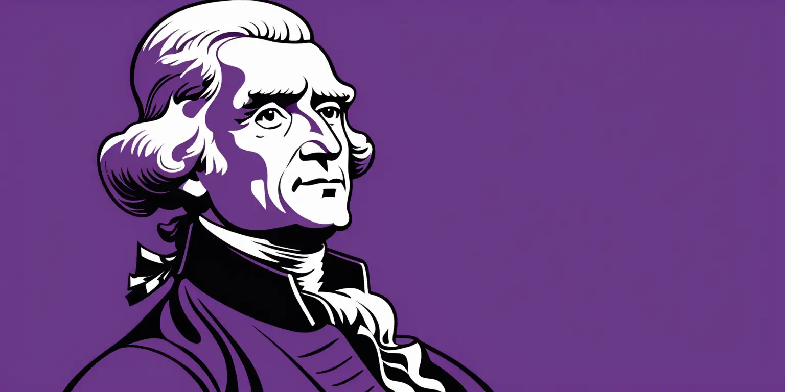 cartoon of Thomas Jefferson with a solid purple color background