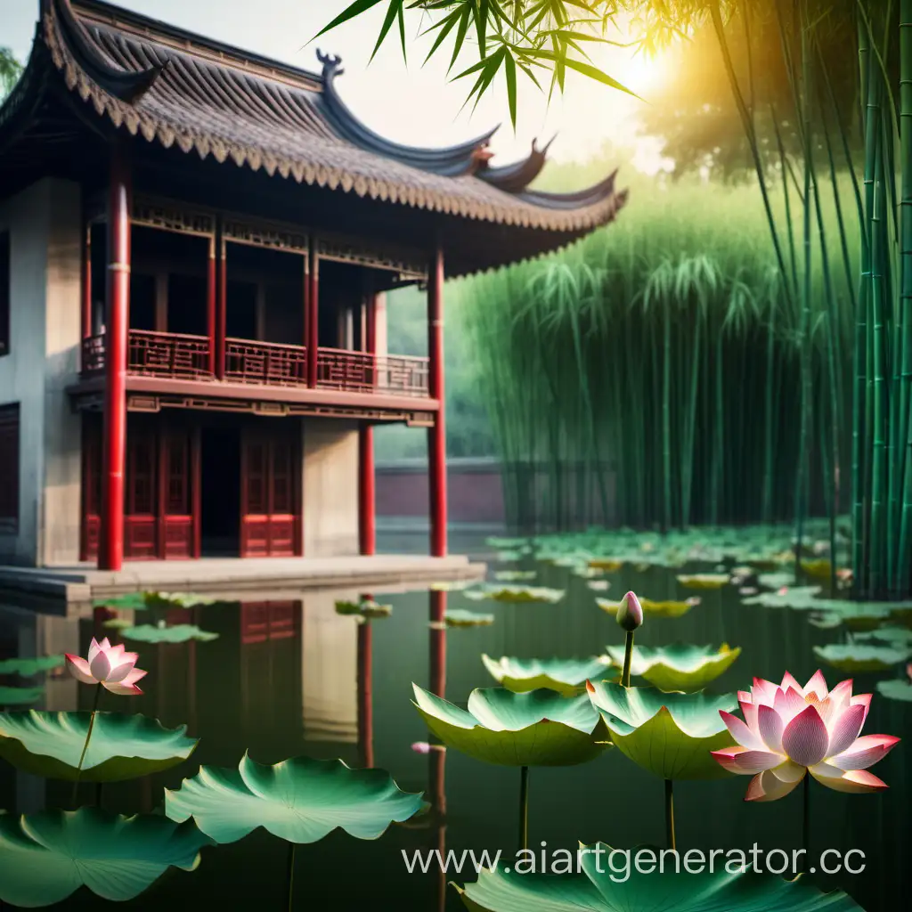 Tranquil-Morning-Lotus-Pond-and-Bamboo-Grove-by-Ancient-Chinese-House