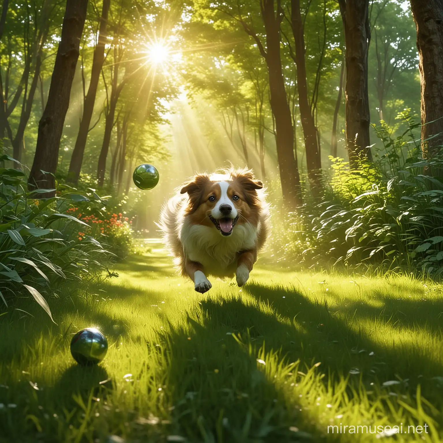 Action shot Illustration capturing a dynamic ball chase in a lively park setting. The playful pet and its owner engage in a joyful pursuit, surrounded by lush trees illuminated by vibrant sunrays filtering through the foliage. The scene conveys a sense of movement and excitement as the ball bounces across the verdant grass. --ar 3:2 --s 500