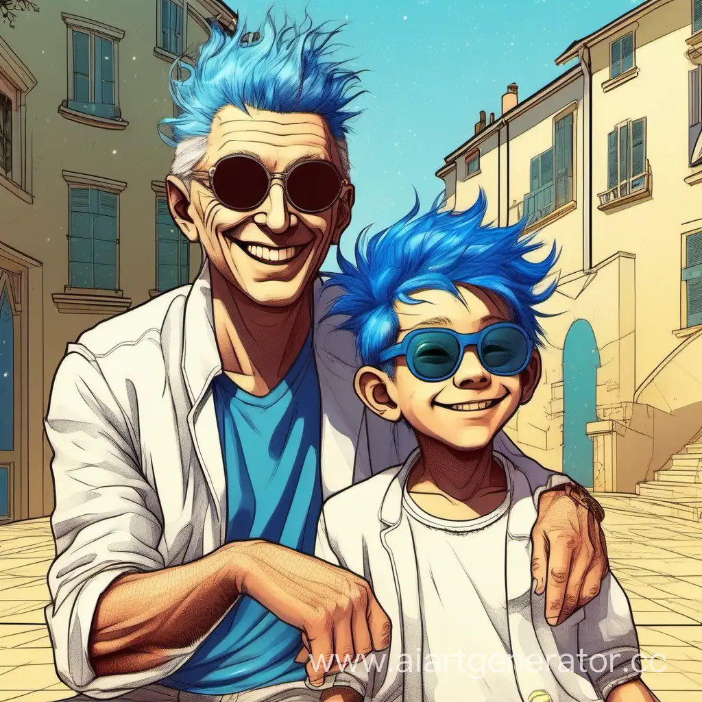гениальный математик с дурацкой прической волосы синие  и  рядом его десяти летний внук  в солнце защитных очках празднуют новый год