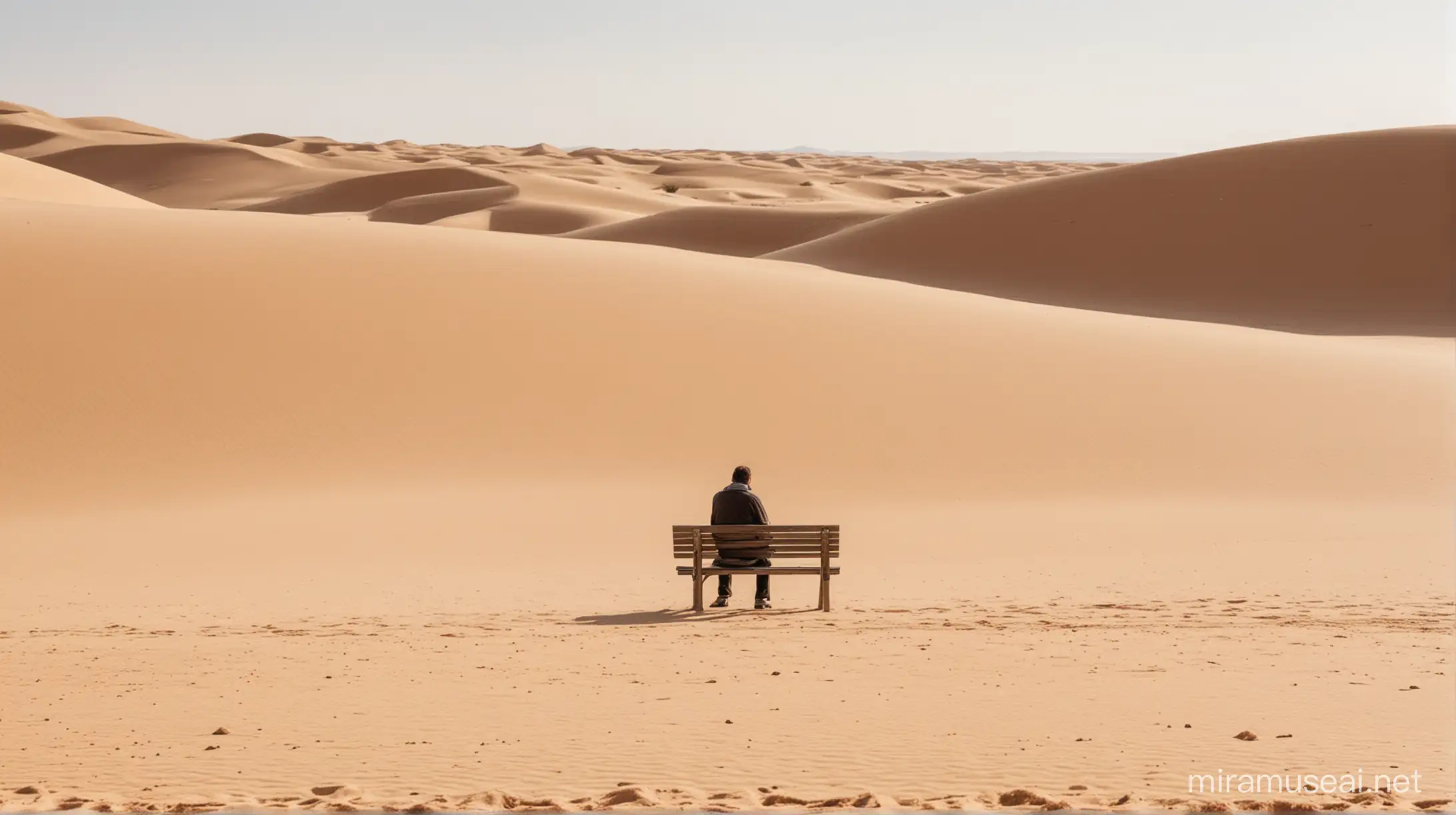 hombre solitario sentado en una banca en un desierto de arenas