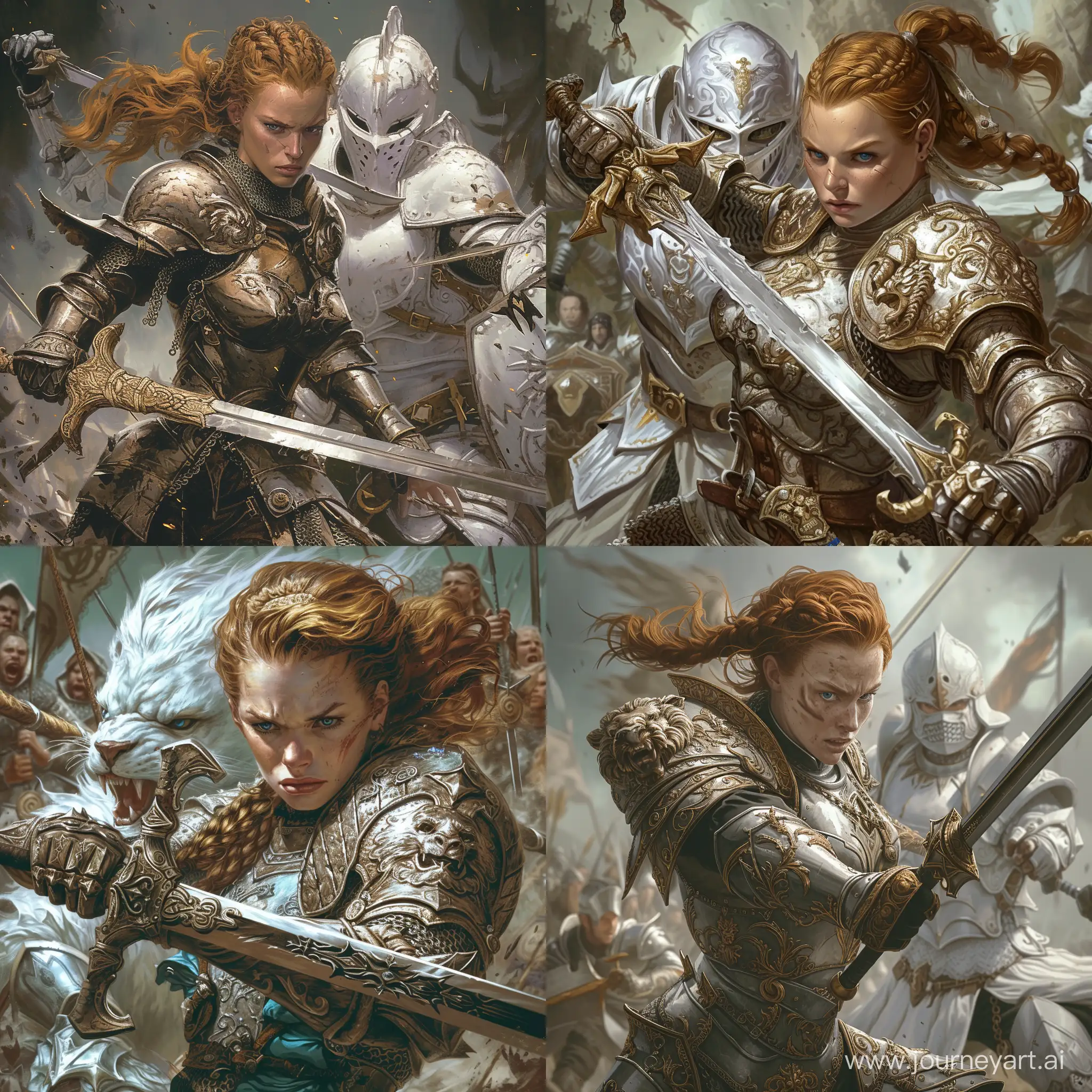 A fierce and beautiful stoic female knight with a reputation for unyielding resolve, Auburn hair tied in a tight braid and steel-blue eyes that reflect her unwavering determination, Wears a polished suit of ornate, silver-plated armor and wields a gleaming longsword with a hilt shaped like a roaring lion, accompanied by a knight wearing a white majestic armor, wield a sword, fighting in the middle of a battlefield, 1970's dark fantasy style, grim dark, gritty, detailed