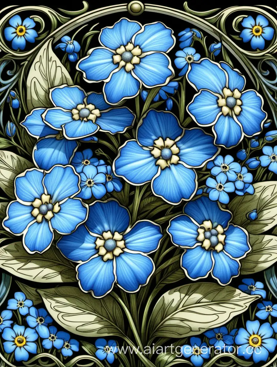  Blue  Myosotis Wall Art, Floral Illustration, Art Nouveau, ultra hd, realistic, vivid colors, highly detailed, pen and ink, detailed intricate on artstation, 