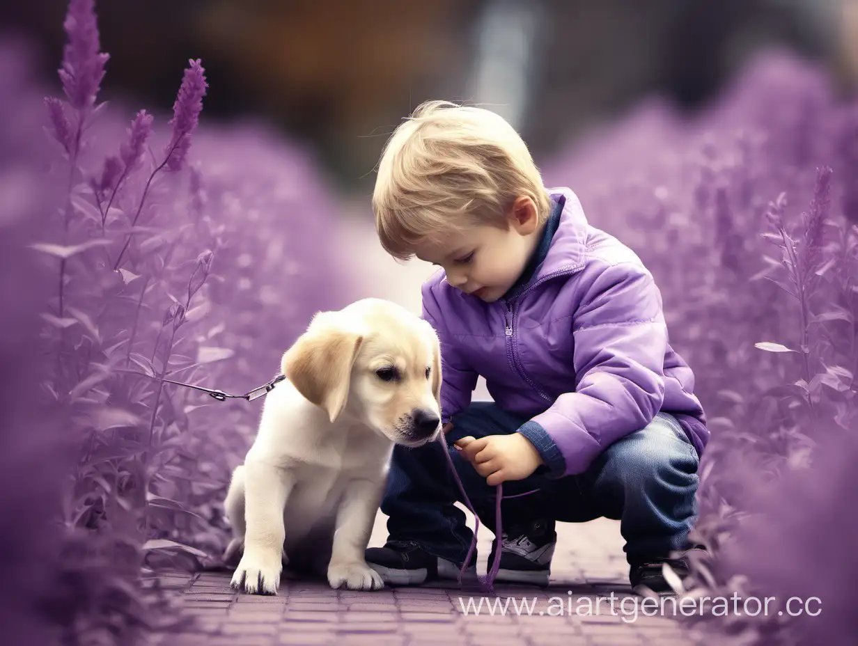 Kindhearted-Child-Assisting-Adorable-Puppy-in-Soothing-Lilac-Tones