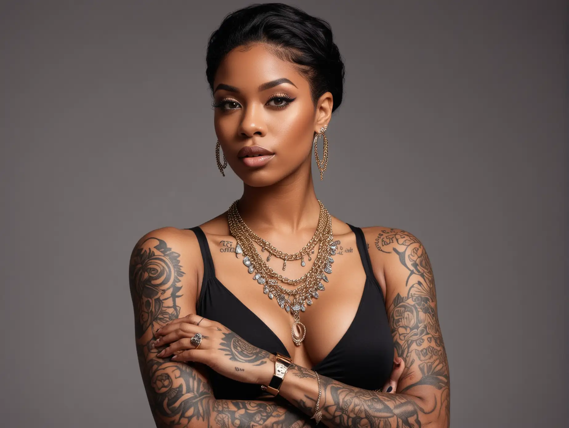 sexy rich black woman, 27 year old, with tattoos, expensive jewelry, standing