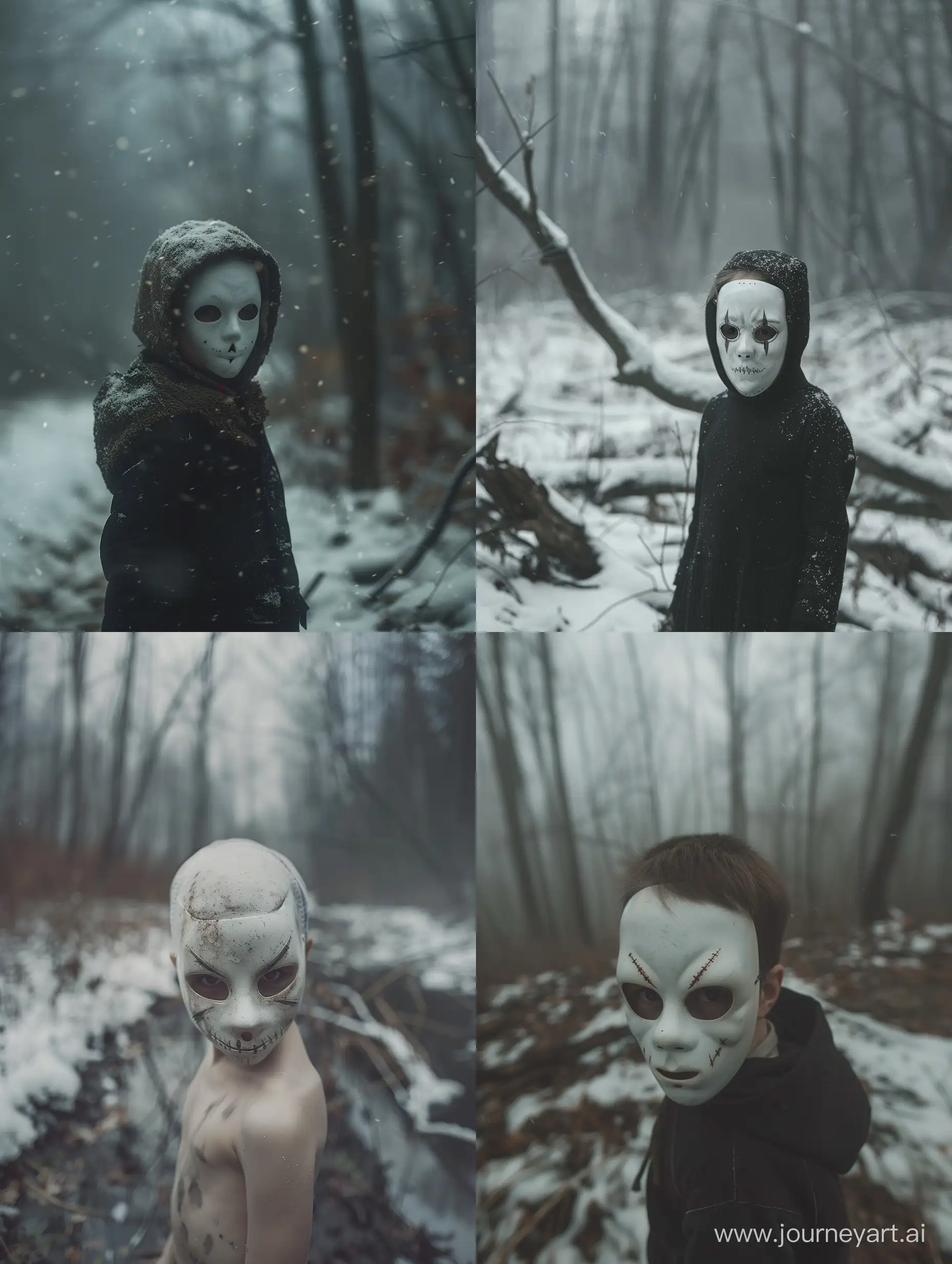 photography, realistic, full body,child with scary white mask child front of camera,looks into camera,dark, chaos, snowy area in the forest, mist,