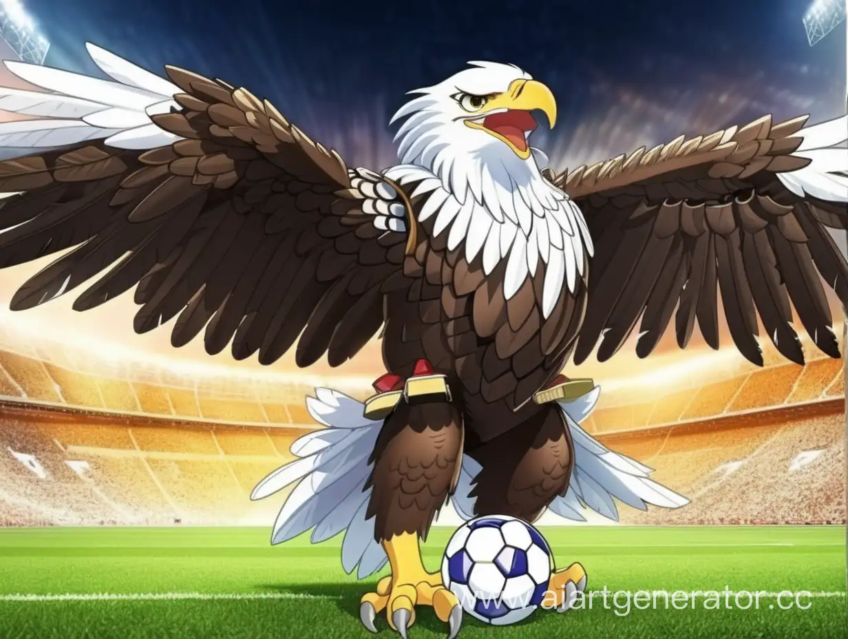 Eagle-Enthusiastically-Observes-Football-Game-and-Anime-Mascot