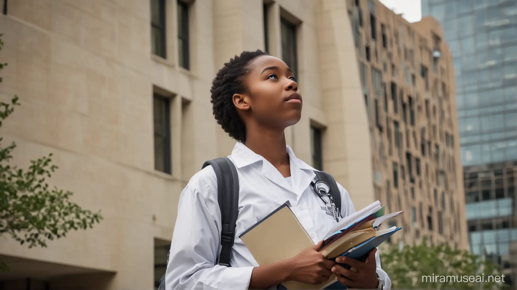 Standing outside the towering facade of a city medical center, an African American student gazes up with a mixture of awe and determination. Dressed in casual yet stylish attire, their expression is one of contemplation as they take in the impressive structure before them.

With a backpack slung over their shoulder and textbooks in hand, the student exudes an air of purpose and ambition, their eyes alight with the promise of knowledge and discovery. They stand tall and confident, ready to embark on their journey of learning and growth.

As they gaze at the medical center, the student imagines the countless lives that have been touched and transformed within its walls. Inspired by the possibility of making a difference in the world of healthcare, they feel a sense of excitement and anticipation for the challenges and opportunities that lie ahead.

In this moment of reflection, the African American student embraces the future with open arms, knowing that they have the passion and determination to pursue their dreams and make a meaningful impact in the world. With the city medical center as a symbol of their aspirations, they are ready to take the next step on their journey towards success and fulfillment.