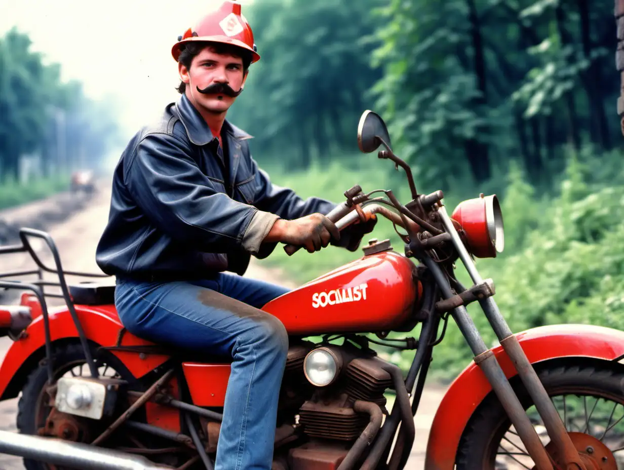 80s style socialist photograph: A young-looking coal miner on an 80s, red motorbike with a mustache
