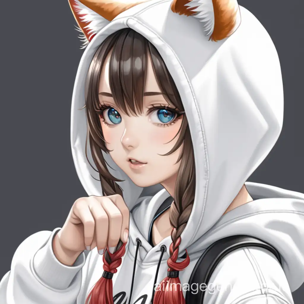 Girl, young, wearing white hoodies, cat ears, tails. anime, realistic, chte