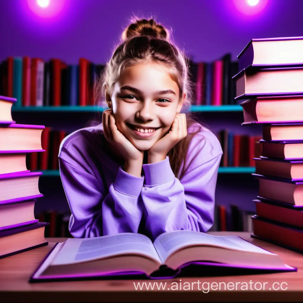 Подготовка к экзамену позитивная картинка фон неоновый с сиреневым оттенком на заднем фоне множество книг а на переднем фоне счастливый подросток широкая улыбка красиво